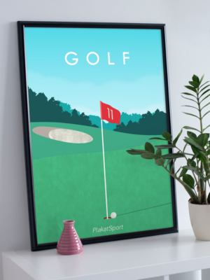 Golf plakat i sort ramme ovenpå reol