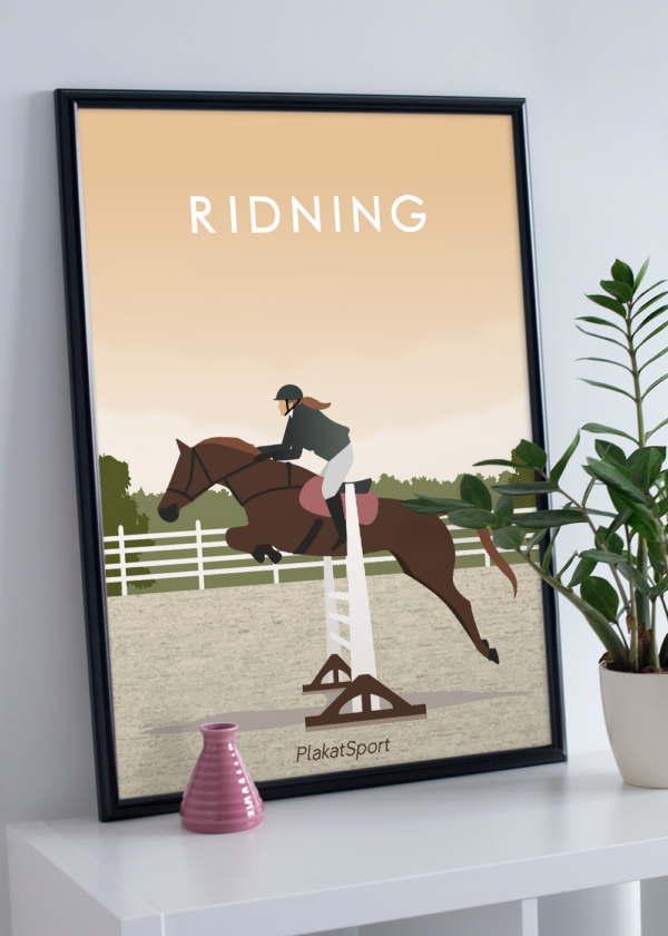 Ridning plakat i sort ramme ovenpå reol