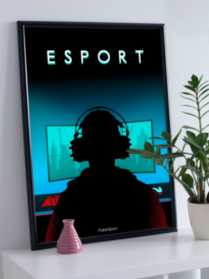 Esport plakat i sort ramme ovenpå reol